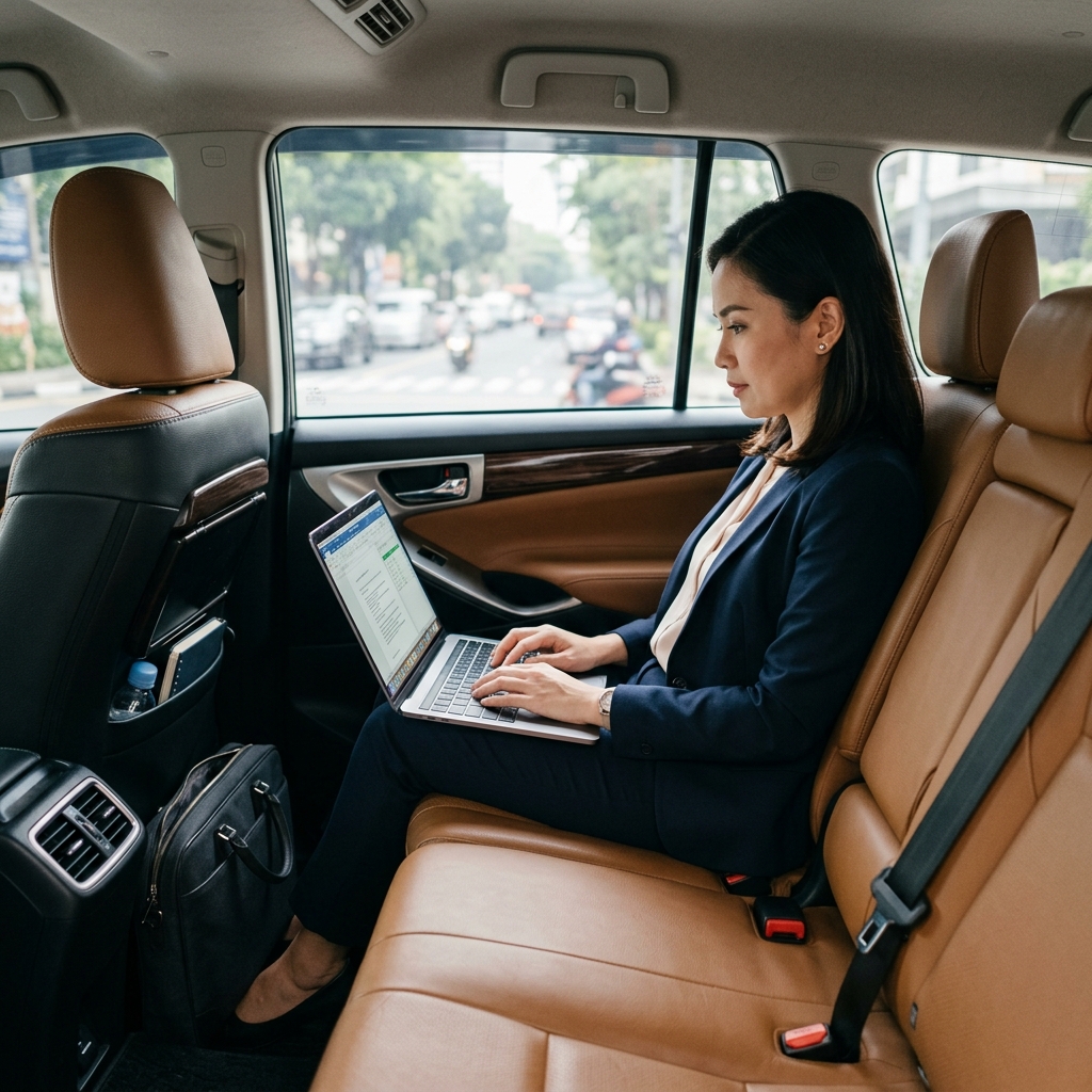 Professional working on laptop during comfortable cab commute