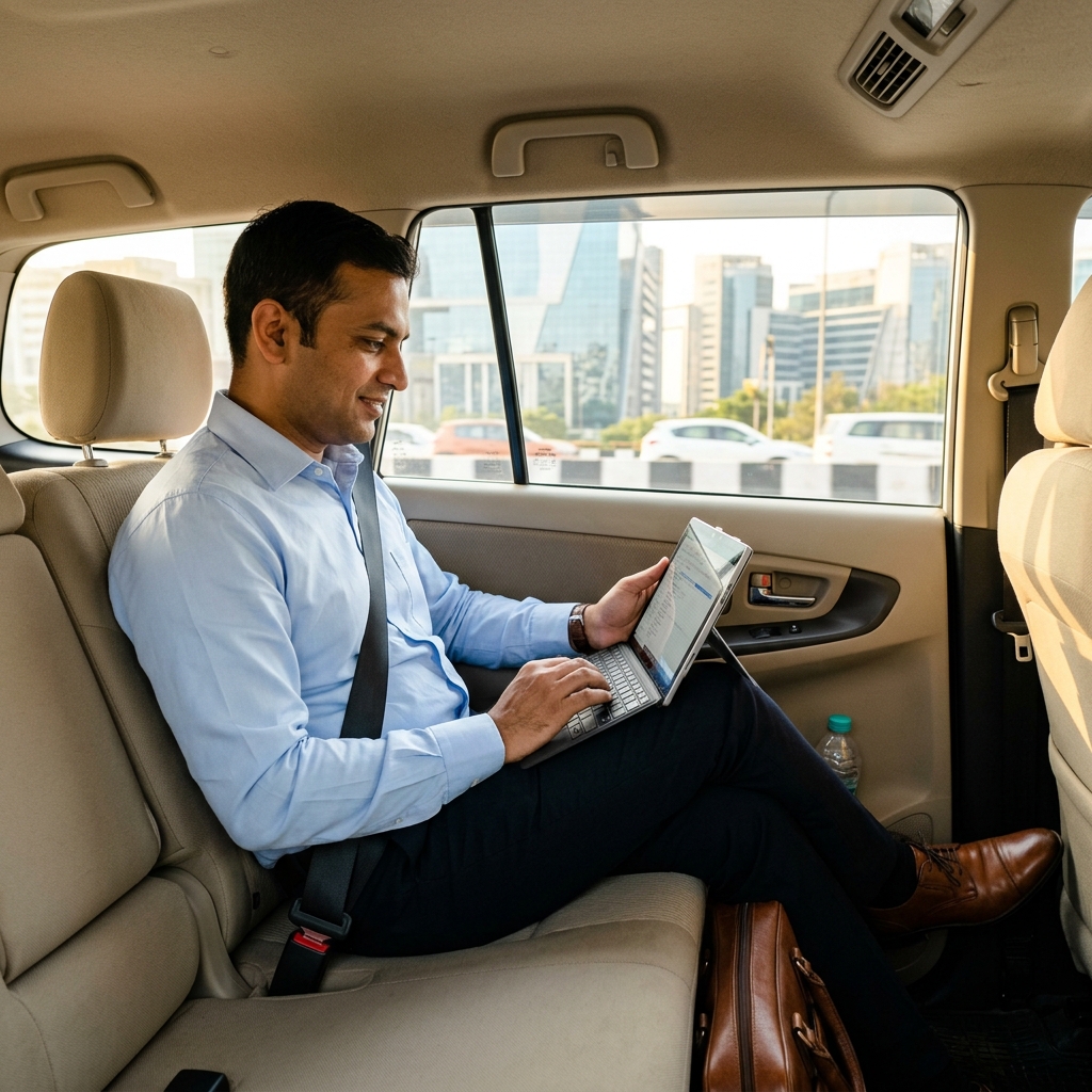 Professional working on tablet during comfortable cab commute