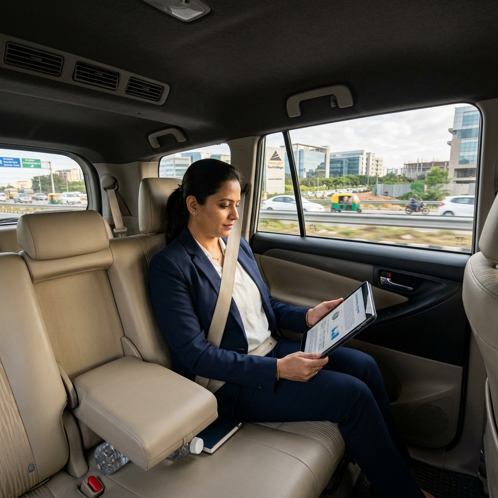 Professional reading on tablet during comfortable cab commute in Bangalore