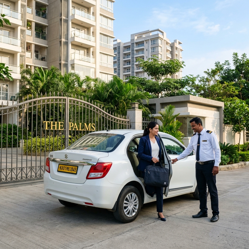 Fiesta office cab at Bangalore residential apartment gate